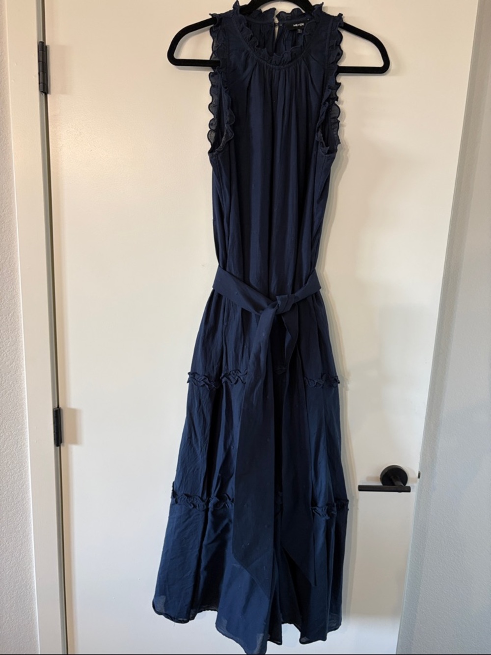 ME+EM Navy Sleeveless Cheesecloth Maxi Dress with Ruffle Trim and Waist Tie - Picture 2 of 7